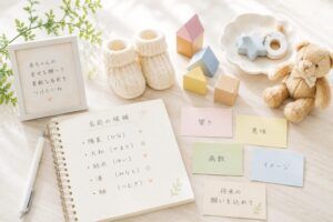 赤ちゃんの名付けで名前候補や響き、意味、画数を整理しながら、親の想いを込めた名前を考える様子を表した明るい画像