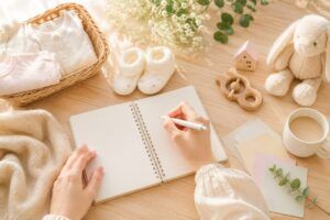 赤ちゃんの名前が人気ランキング上位でありきたりか迷う場面を、名付けノートやベビー用品、名前候補カードで表した明るい写真